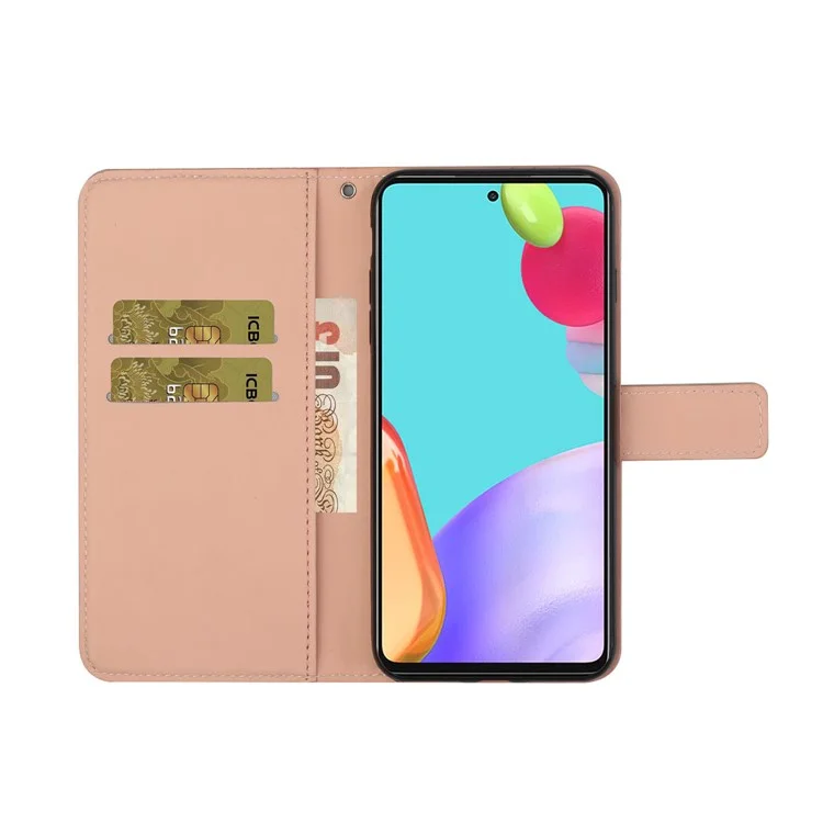 For Samsung Galaxy A52 5G/4G / A52s 5G Magnet Clasp Imprinted Flower Wallet Leather Case with Strap - Pink