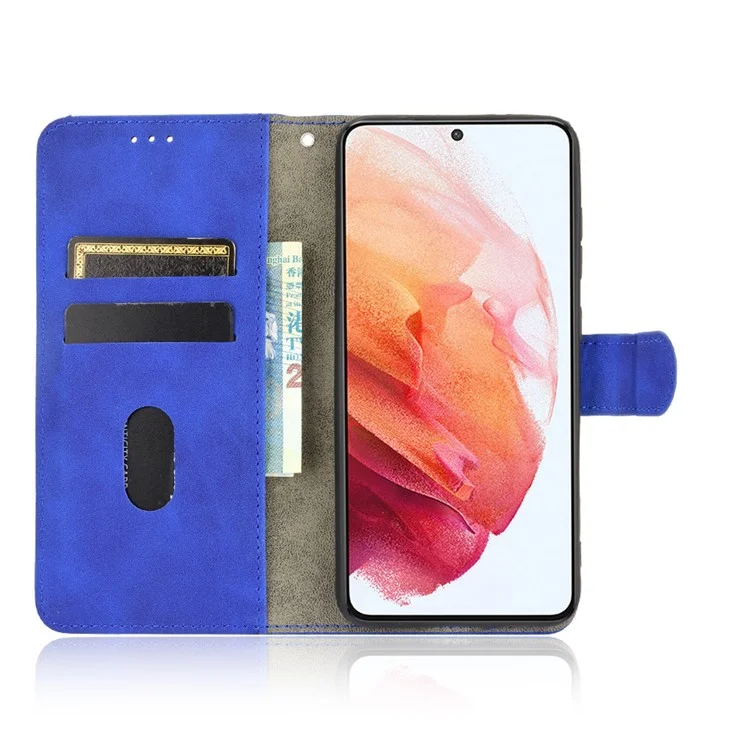 Skin-touch PU Cuero Portada de la Cubierta Del Teléfono de Soporte de la Billetera de la Cubierta Del Soporte Para Samsung Galaxy S21 fe - Azul
