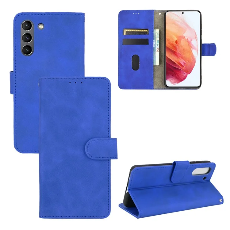 Skin-touch PU Cuero Portada de la Cubierta Del Teléfono de Soporte de la Billetera de la Cubierta Del Soporte Para Samsung Galaxy S21 fe - Azul