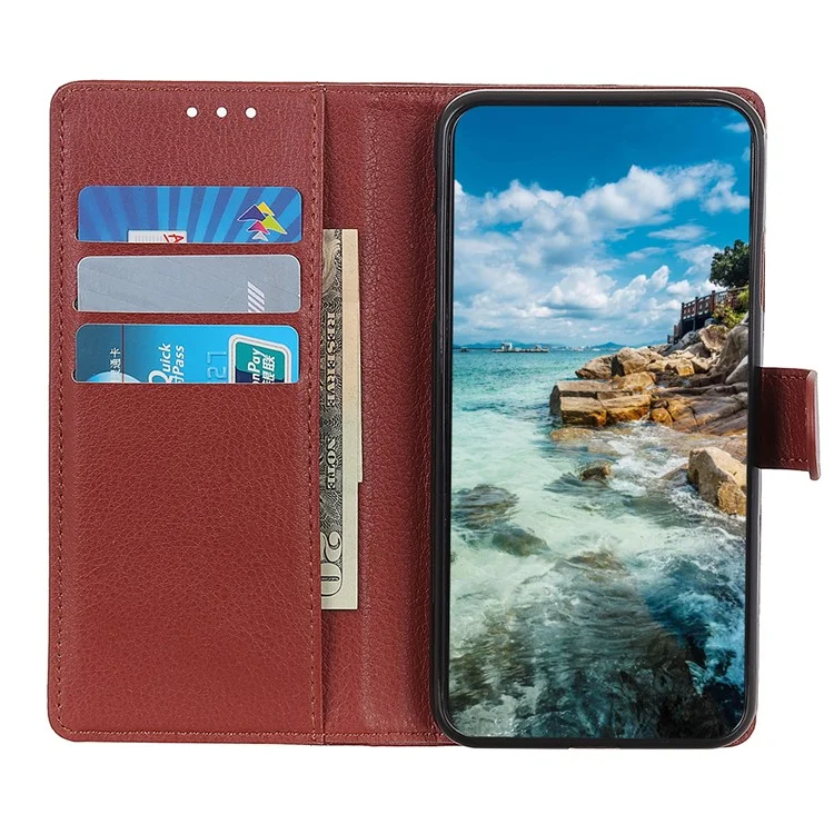 Folio Flip Litchi Texture en Cuir en Cuir Portable de Téléphone Portable du Portefeuille du Portefeuille Pour Samsung Galaxy A22 4G (version Ue) - Brun