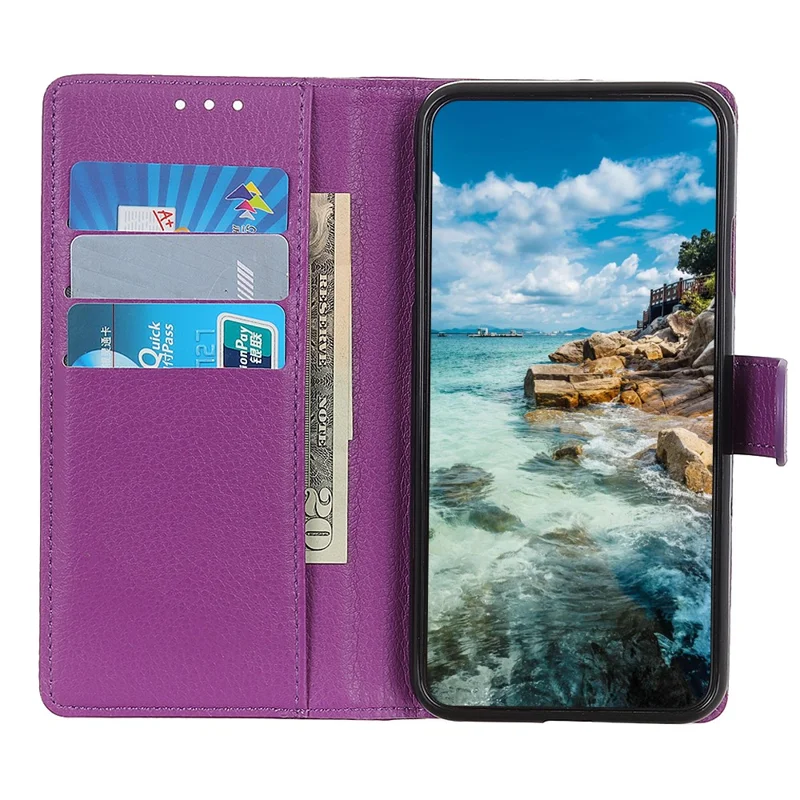 Folio Flip Litchi Texture Leather Cell Phone Case Wallet Stand Shell for Samsung Galaxy A22 4G (EU Version) - Purple