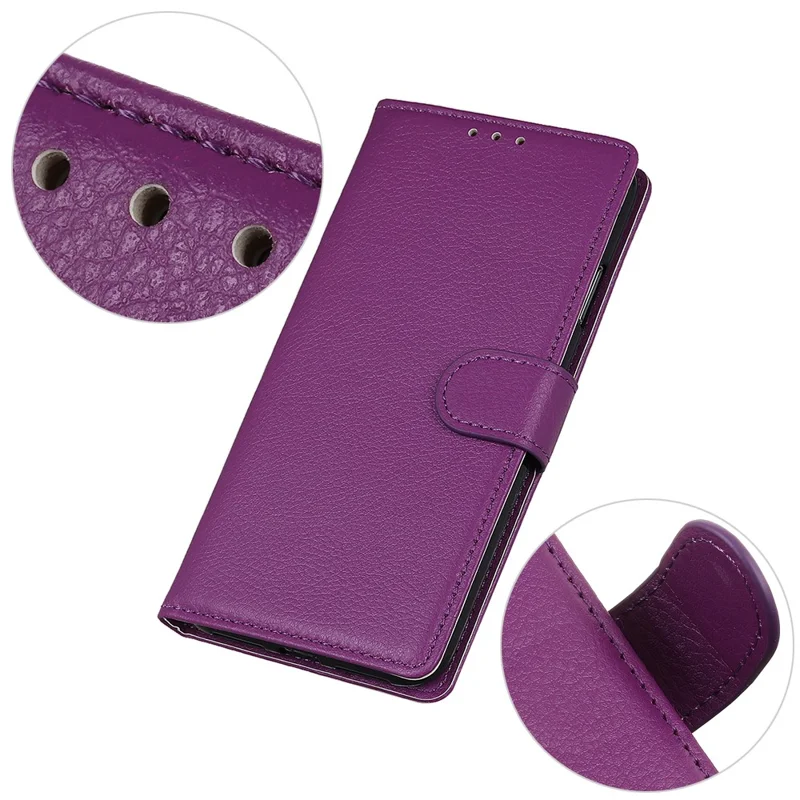 Folio Flip Litchi Texture Leather Cell Phone Case Wallet Stand Shell for Samsung Galaxy A22 4G (EU Version) - Purple