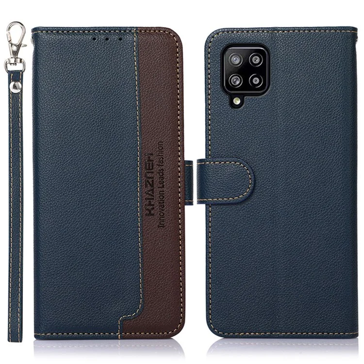 KHAZNEH Litchi Skin PU Leather RFID Blocking Anti-theft Swiping Design Wallet Phone Cover Case for Samsung Galaxy A22 4G (EU Version) - Azul