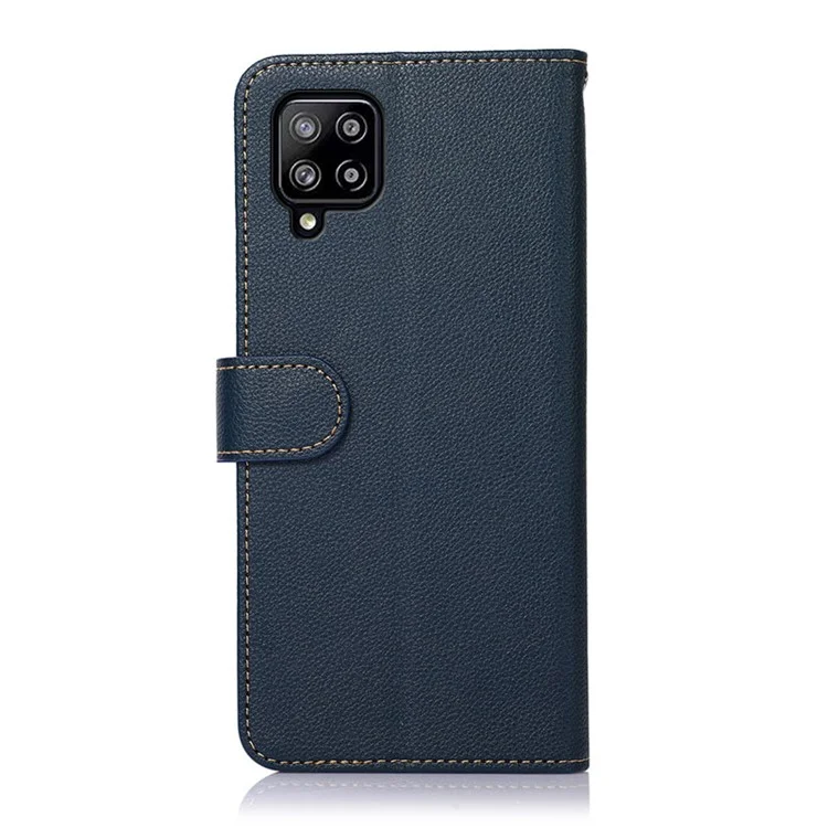 KHAZNEH Litchi Skin PU Leather RFID Blocking Anti-theft Swiping Design Wallet Phone Cover Case for Samsung Galaxy A22 4G (EU Version) - Azul