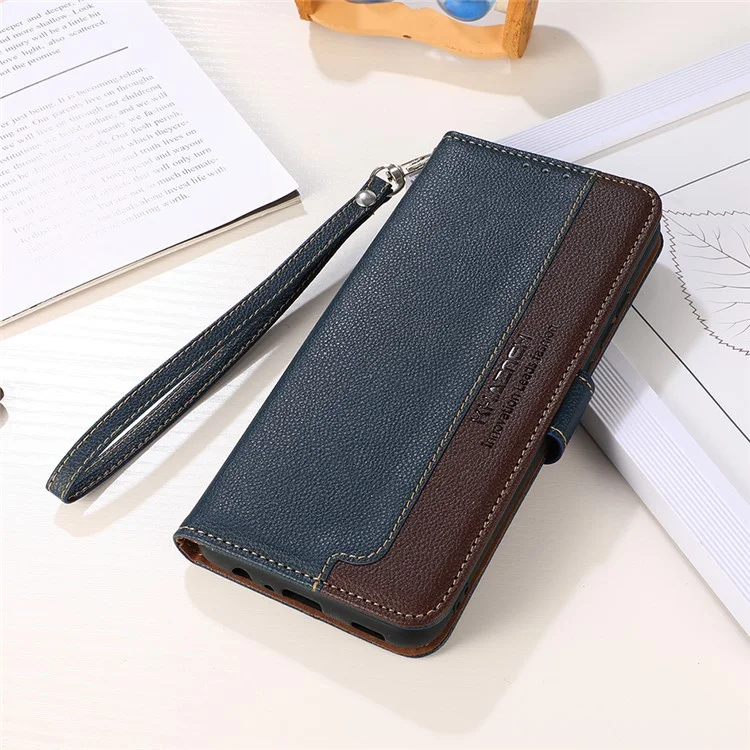 KHAZNEH Litchi Skin PU Leather RFID Blocking Anti-theft Swiping Design Wallet Phone Cover Case for Samsung Galaxy A22 4G (EU Version) - Azul
