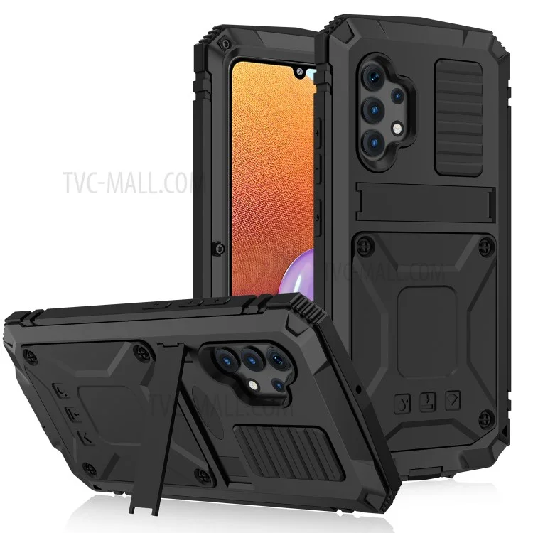 TPU+Metal+Tempered Glass Shockproof Dropproof Dustproof Kickstand Case Cover for Samsung Galaxy A32 4G (EU Version) - Black