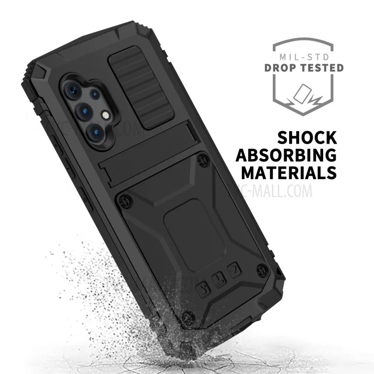 TPU+Metal+Tempered Glass Shockproof Dropproof Dustproof Kickstand Case Cover for Samsung Galaxy A32 4G (EU Version) - Black