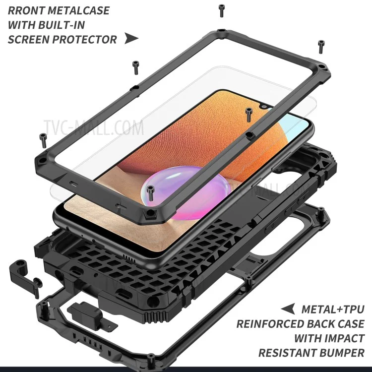 TPU+Metal+Tempered Glass Shockproof Dropproof Dustproof Kickstand Case Cover for Samsung Galaxy A32 4G (EU Version) - Black