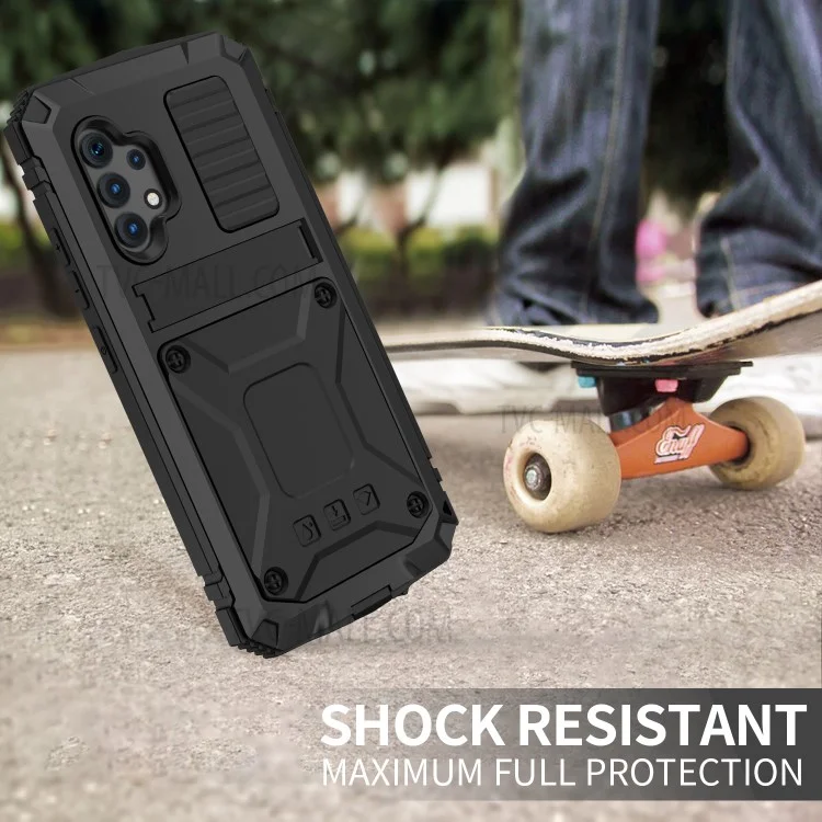 TPU+Metal+Tempered Glass Shockproof Dropproof Dustproof Kickstand Case Cover for Samsung Galaxy A32 4G (EU Version) - Black