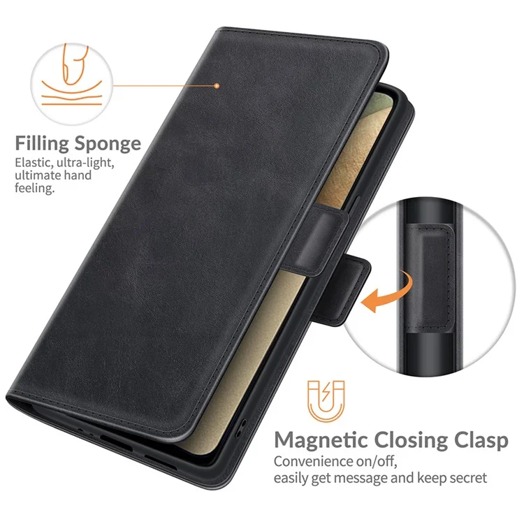 PU Leather Wallet Stand Double Clasp Magnetic Closure Phone Case Shell for Samsung Galaxy A22 4G (EU Version) - Black
