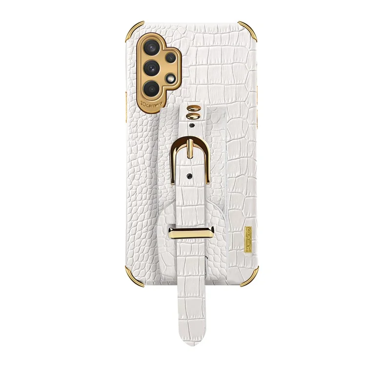 Conception de Bracelet de Poignet 6d Texture de Crocodile Électroplate de pu en Cuir en Cuir en Revêtement TPU Couverture du Boîtier Pour Samsung Galaxy A32 5G / M32 5G - Blanche