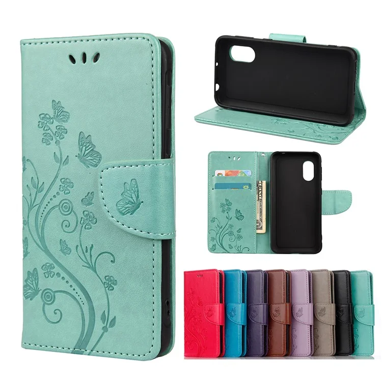 Butterflies and Flower Imprinted Leather Wallet Stand Case for Samsung Galaxy Xcover 5 - Green