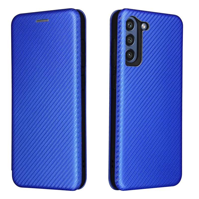 Auto-absorbed Carbon Fiber Texture Shock-proof Leather Case with Card Holder and Ring Strap for Samsung Galaxy S21 FE - Blue