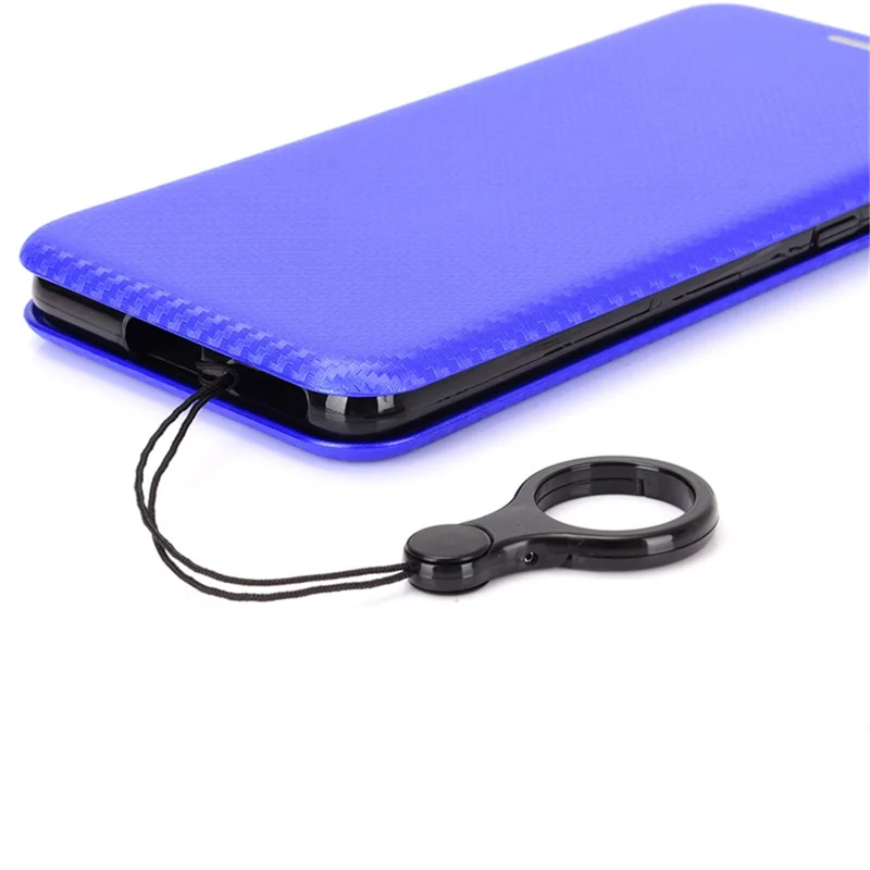 Auto-absorbed Carbon Fiber Texture Shock-proof Leather Case with Card Holder and Ring Strap for Samsung Galaxy S21 FE - Blue