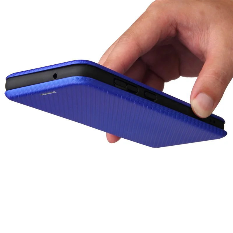 Auto-absorbed Carbon Fiber Texture Shock-proof Leather Case with Card Holder and Ring Strap for Samsung Galaxy S21 FE - Blue