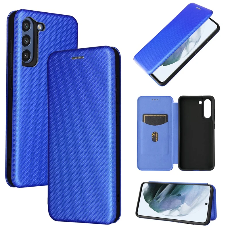 Auto-absorbed Carbon Fiber Texture Shock-proof Leather Case with Card Holder and Ring Strap for Samsung Galaxy S21 FE - Blue