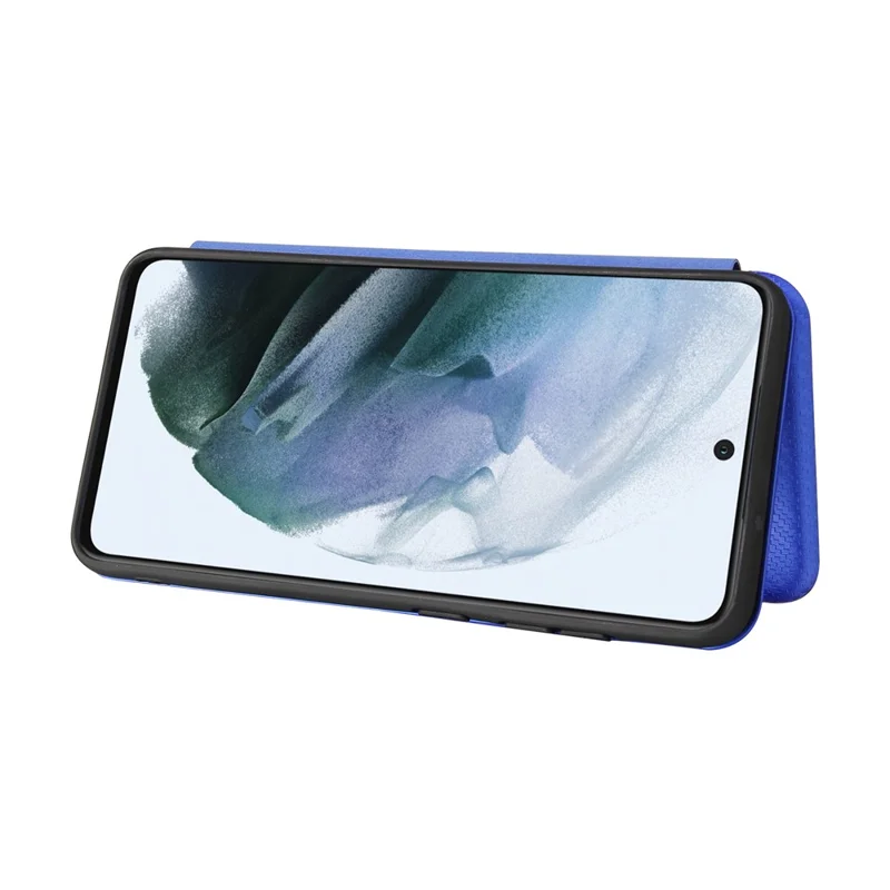 Auto-absorbed Carbon Fiber Texture Shock-proof Leather Case with Card Holder and Ring Strap for Samsung Galaxy S21 FE - Blue