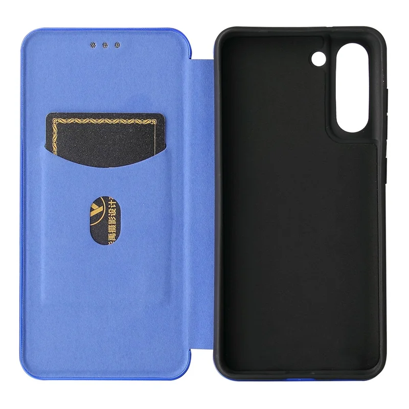 Auto-absorbed Carbon Fiber Texture Shock-proof Leather Case with Card Holder and Ring Strap for Samsung Galaxy S21 FE - Blue