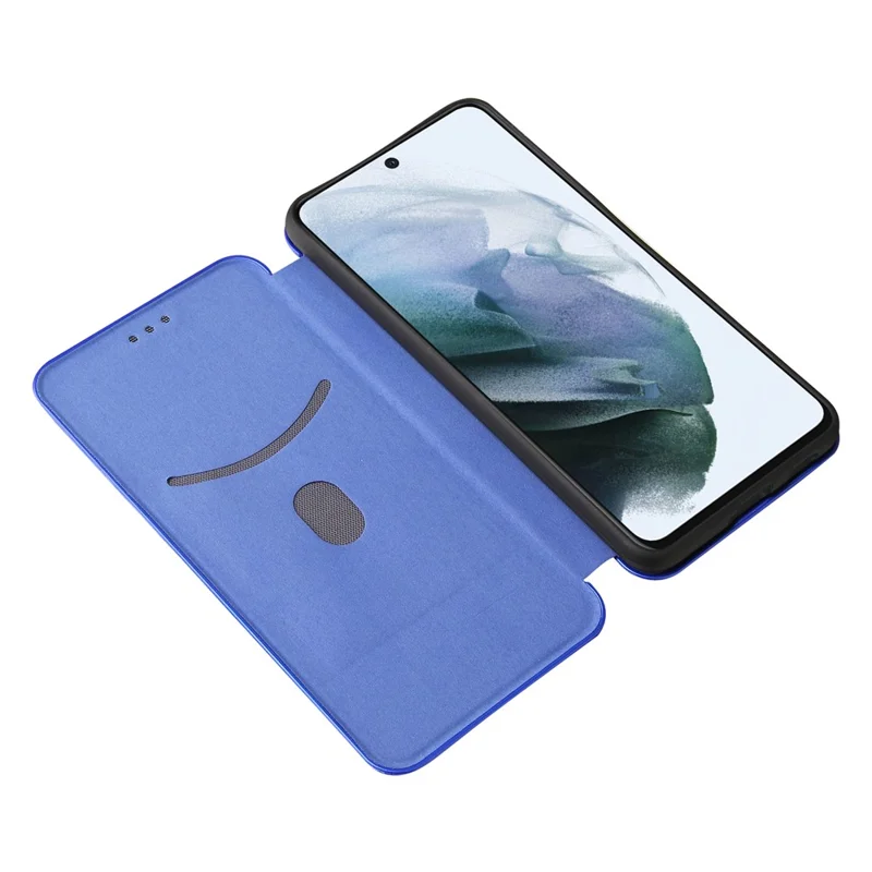 Auto-absorbed Carbon Fiber Texture Shock-proof Leather Case with Card Holder and Ring Strap for Samsung Galaxy S21 FE - Blue