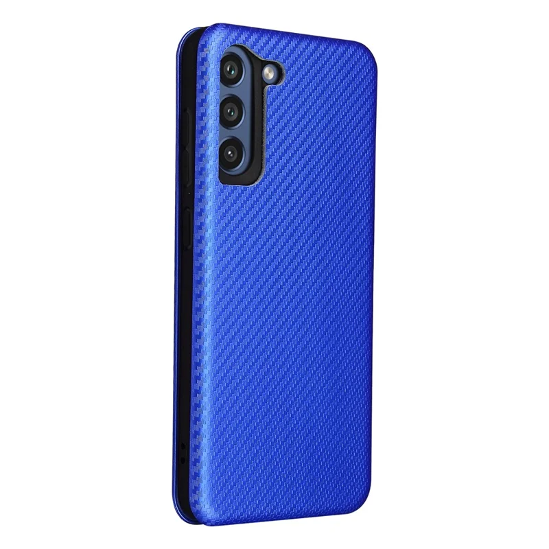 Auto-absorbed Carbon Fiber Texture Shock-proof Leather Case with Card Holder and Ring Strap for Samsung Galaxy S21 FE - Blue