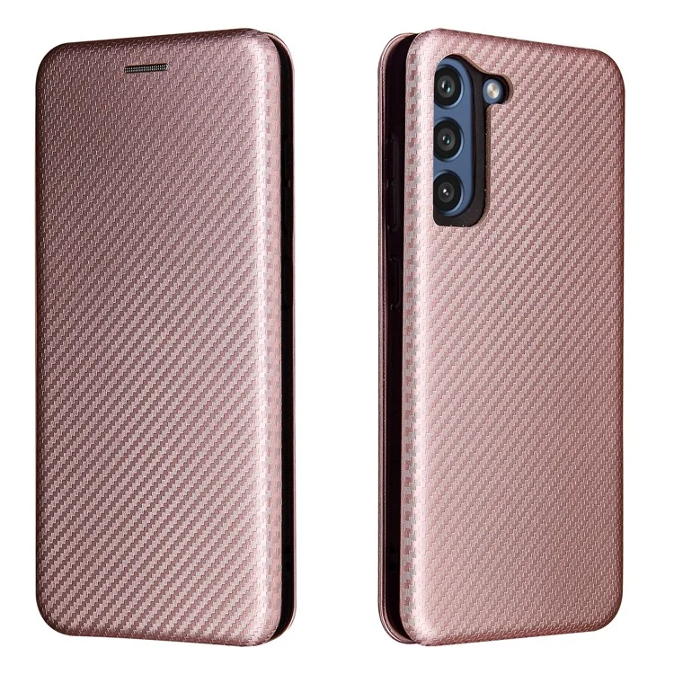 Auto-absorbed Carbon Fiber Texture Shock-proof Leather Case with Card Holder and Ring Strap for Samsung Galaxy S21 FE - Rose Gold
