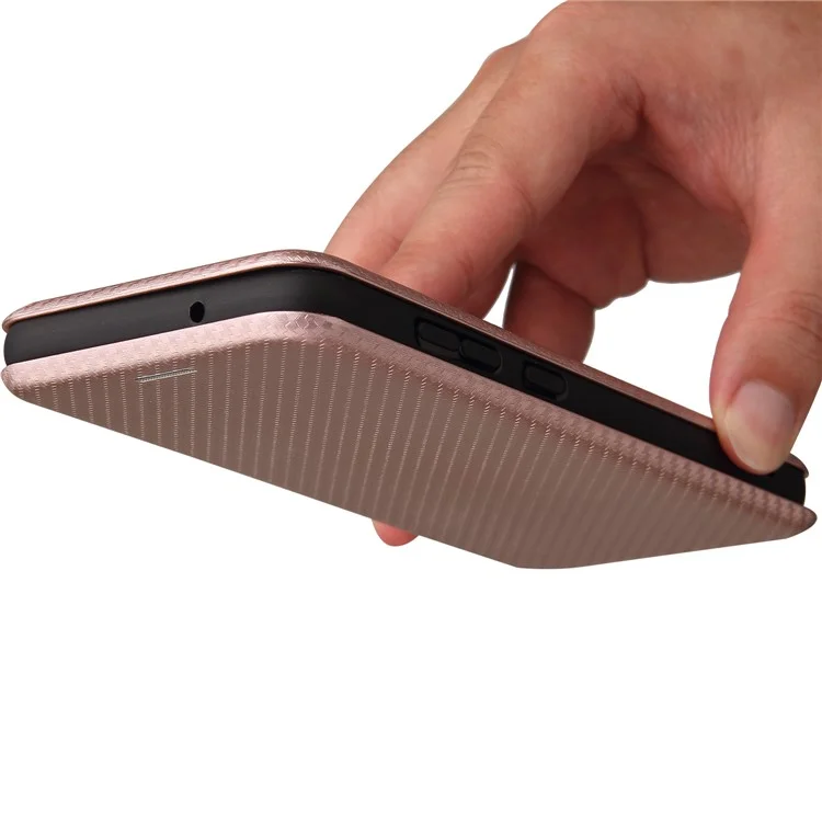Auto-absorbed Carbon Fiber Texture Shock-proof Leather Case with Card Holder and Ring Strap for Samsung Galaxy S21 FE - Rose Gold