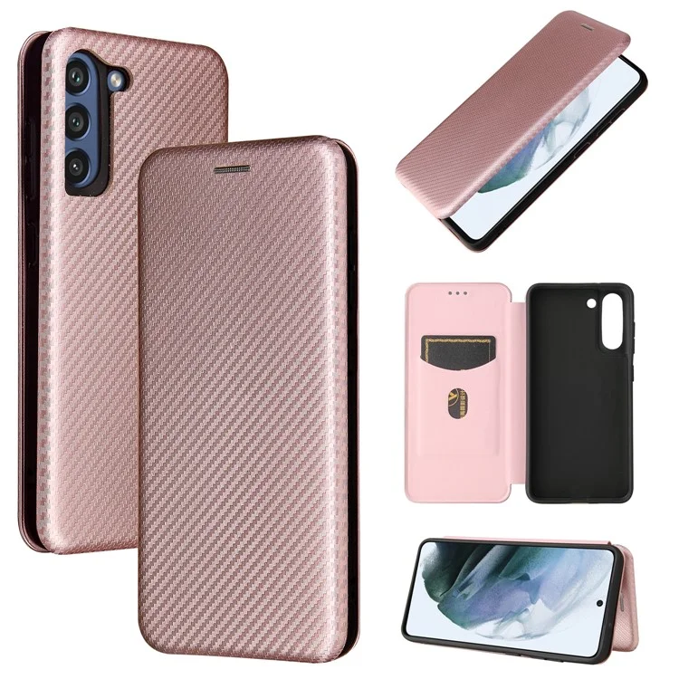Auto-absorbed Carbon Fiber Texture Shock-proof Leather Case with Card Holder and Ring Strap for Samsung Galaxy S21 FE - Rose Gold