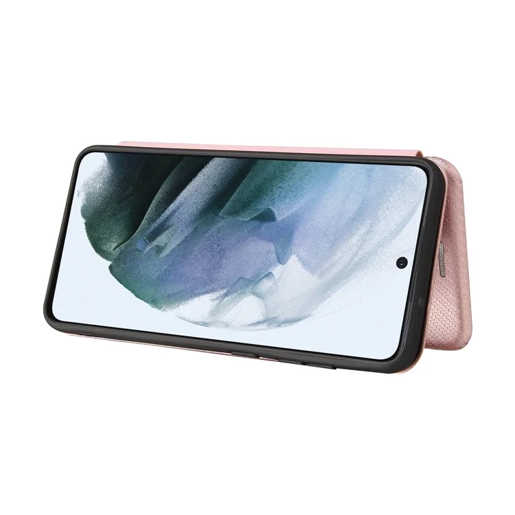 Auto-absorbed Carbon Fiber Texture Shock-proof Leather Case with Card Holder and Ring Strap for Samsung Galaxy S21 FE - Rose Gold