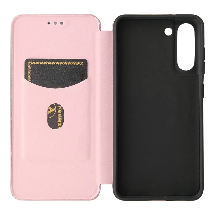 Auto-absorbed Carbon Fiber Texture Shock-proof Leather Case with Card Holder and Ring Strap for Samsung Galaxy S21 FE - Rose Gold