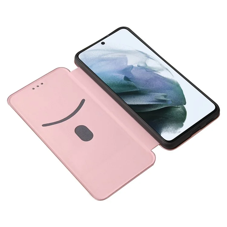 Auto-absorbed Carbon Fiber Texture Shock-proof Leather Case with Card Holder and Ring Strap for Samsung Galaxy S21 FE - Rose Gold
