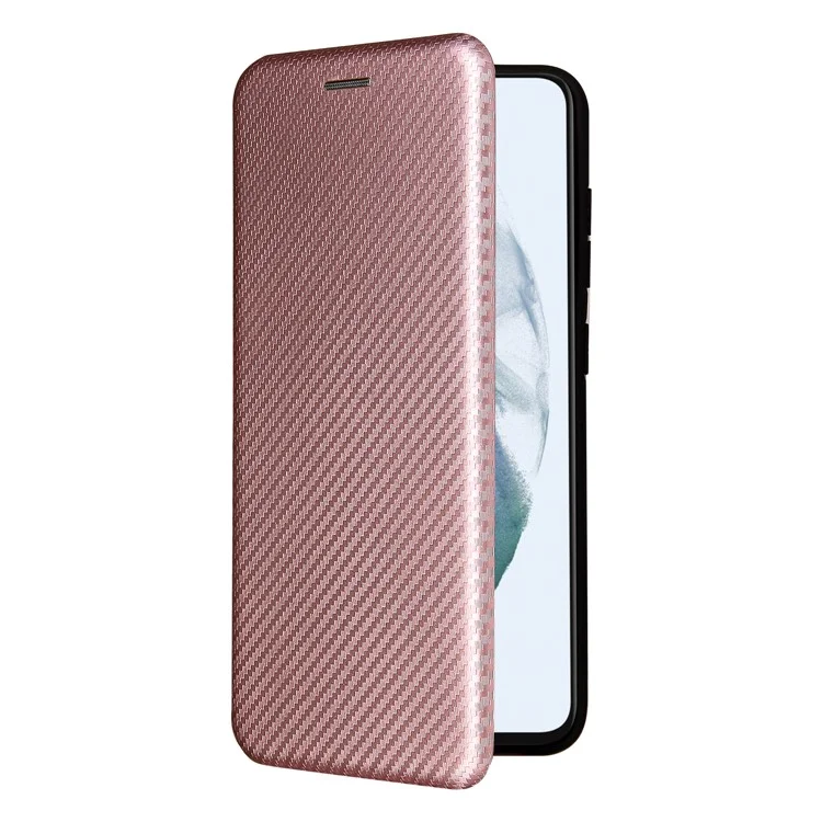 Auto-absorbed Carbon Fiber Texture Shock-proof Leather Case with Card Holder and Ring Strap for Samsung Galaxy S21 FE - Rose Gold