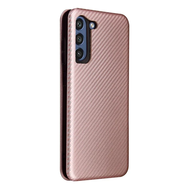 Auto-absorbed Carbon Fiber Texture Shock-proof Leather Case with Card Holder and Ring Strap for Samsung Galaxy S21 FE - Rose Gold