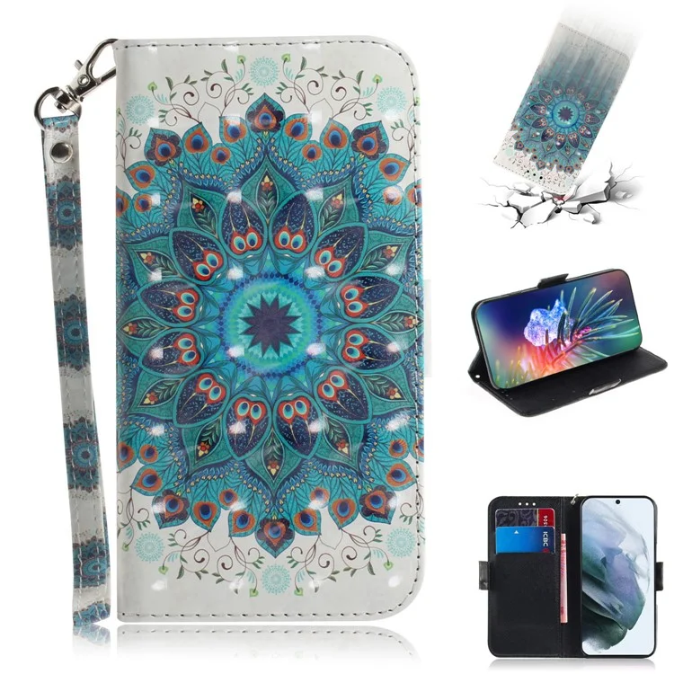 Light Spot Decor Pattern Printing Wallet Stand Leather Case with Strap for Samsung Galaxy S21 FE/S21 Fan Edition - Mandala Flower