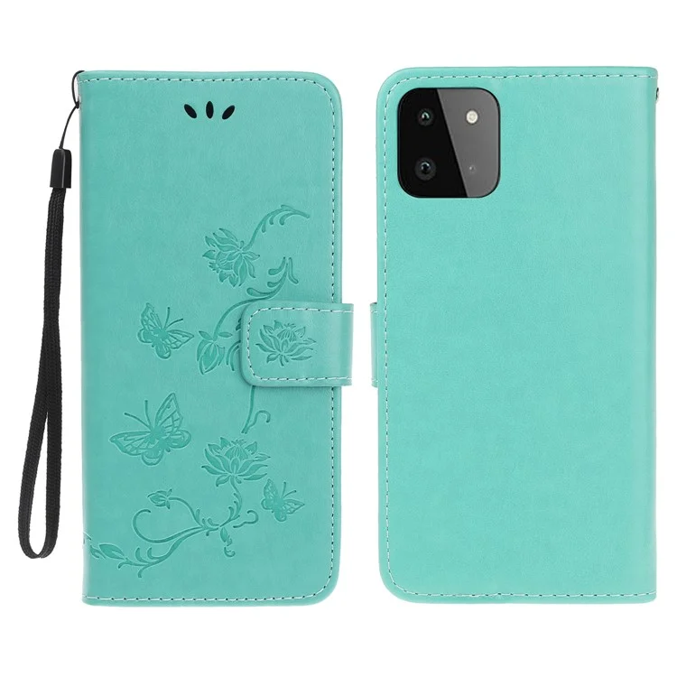 Wallet Design Stylish Butterfly Flowers Imprinting Leather Phone Cover für Samsung Galaxy A22 5G (EU Version) - Cyan
