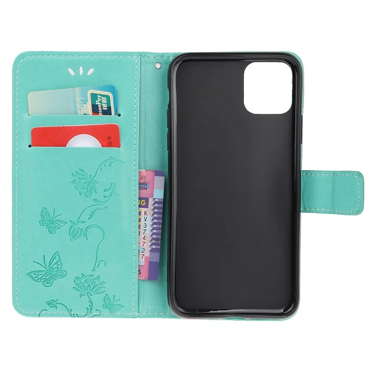 Wallet Design Stylish Butterfly Flowers Imprinting Leather Phone Cover für Samsung Galaxy A22 5G (EU Version) - Cyan