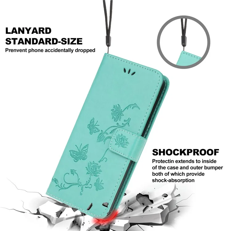 Wallet Design Stylish Butterfly Flowers Imprinting Leather Phone Cover für Samsung Galaxy A22 5G (EU Version) - Cyan