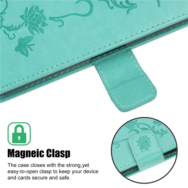 Wallet Design Stylish Butterfly Flowers Imprinting Leather Phone Cover für Samsung Galaxy A22 5G (EU Version) - Cyan