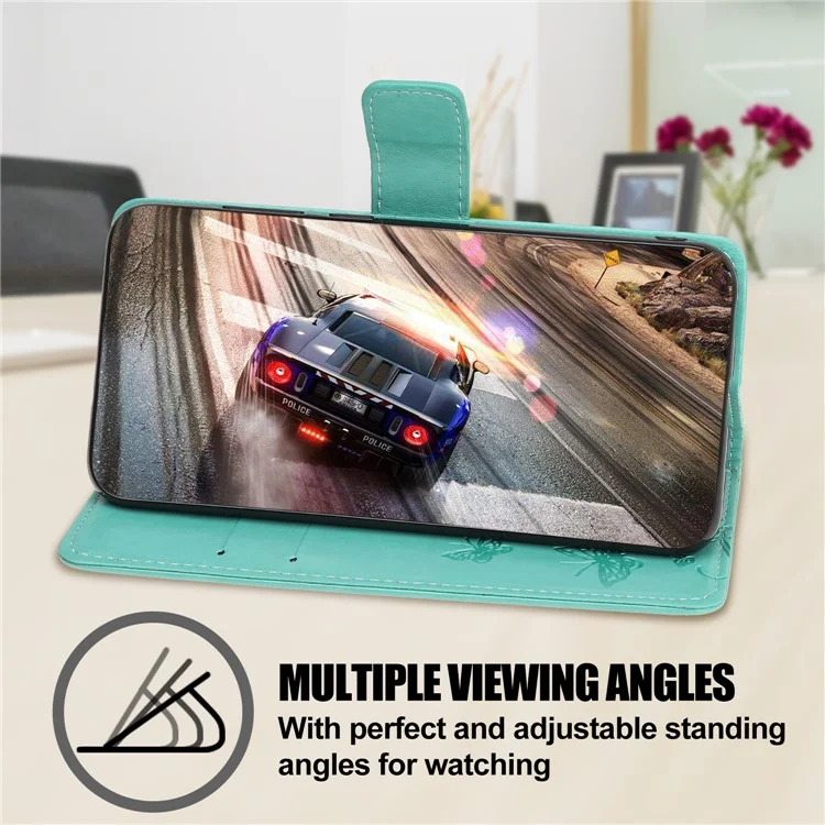 Wallet Design Stylish Butterfly Flowers Imprinting Leather Phone Cover für Samsung Galaxy A22 5G (EU Version) - Cyan