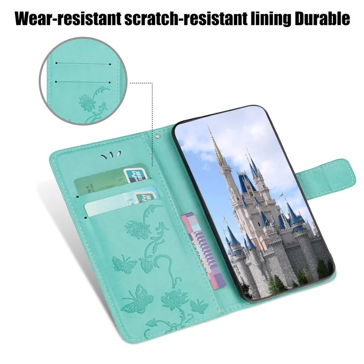 Wallet Design Stylish Butterfly Flowers Imprinting Leather Phone Cover für Samsung Galaxy A22 5G (EU Version) - Cyan