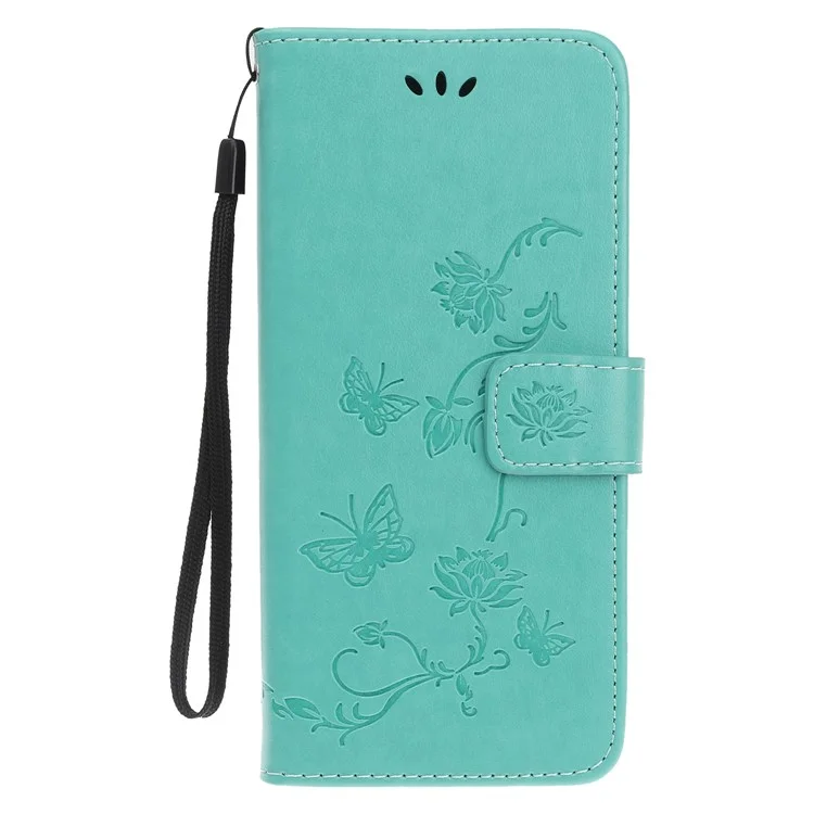 Wallet Design Stylish Butterfly Flowers Imprinting Leather Phone Cover für Samsung Galaxy A22 5G (EU Version) - Cyan