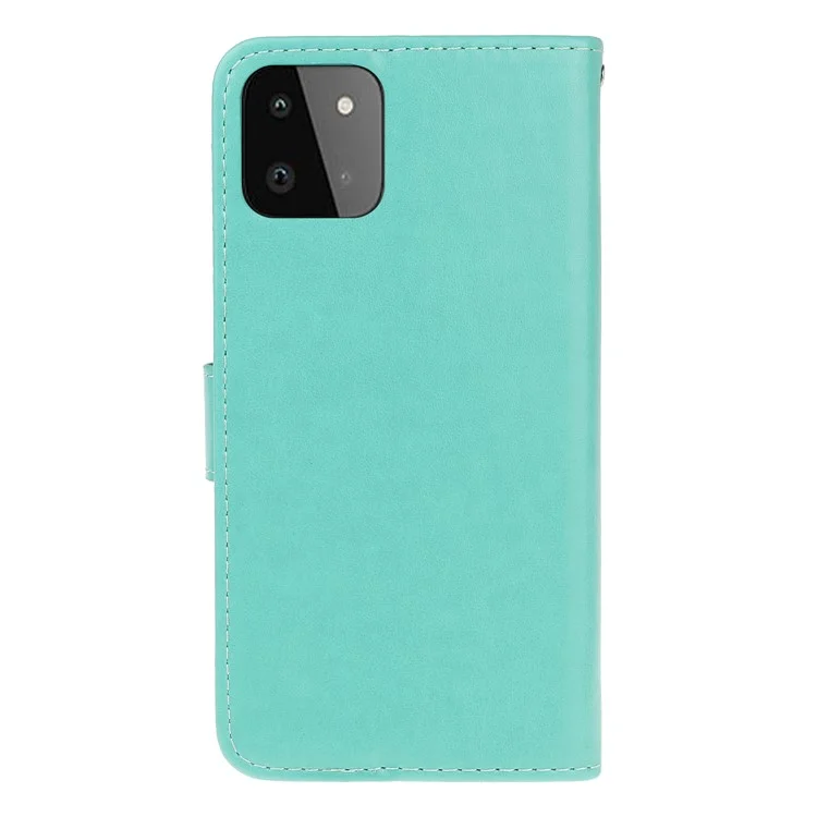 Wallet Design Stylish Butterfly Flowers Imprinting Leather Phone Cover für Samsung Galaxy A22 5G (EU Version) - Cyan