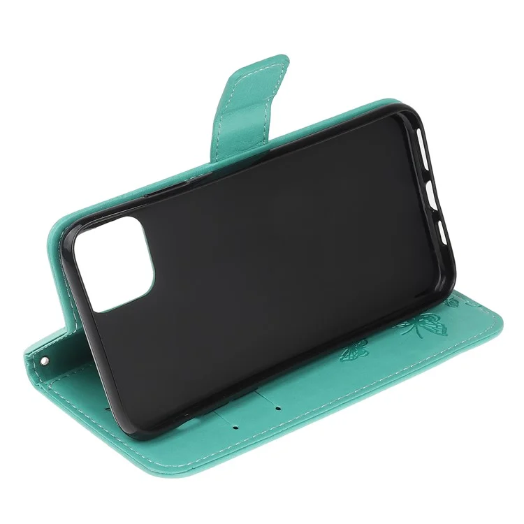 Wallet Design Stylish Butterfly Flowers Imprinting Leather Phone Cover für Samsung Galaxy A22 5G (EU Version) - Cyan