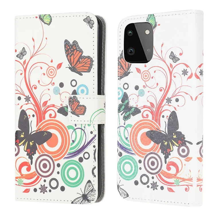 Custodia protettiva con motivo a portafoglio, stampa in pelle con supporto per Samsung Galaxy A22 5G (versione UE) - Farfalla Colorata