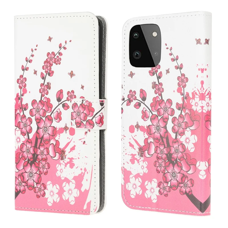 Full Protection Wallet Design Pattern Printing Leather Stand Protective Case with Stand for Samsung Galaxy A22 5G (EU Version) - Plum Blossom
