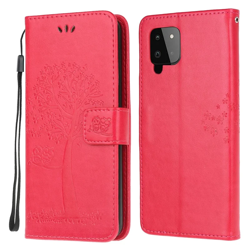 Owl Tree Pattern Imprinted Wallet Stand Leather Cover for Samsung Galaxy A22 4G (EU Version) - Red