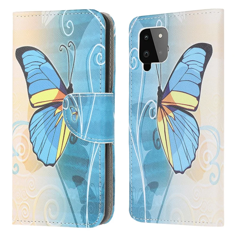 Wallet Design Pattern Printing Cross Texture Leather Stand Case for Samsung Galaxy A22 4G (EU Version) - Blue Butterfly