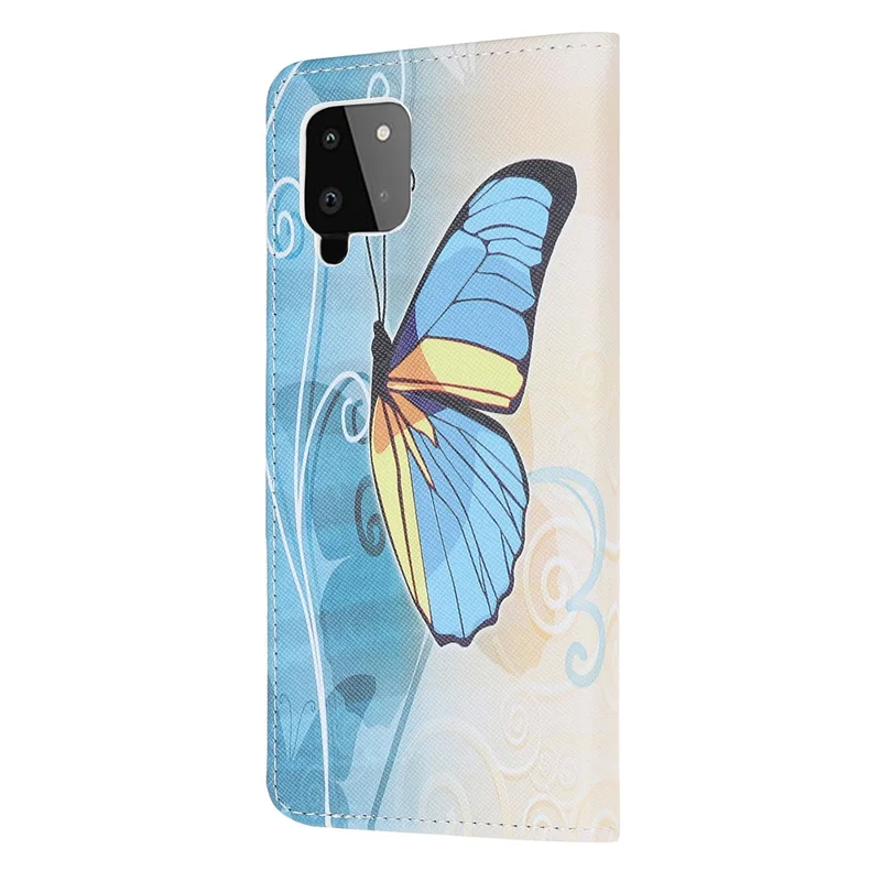 Wallet Design Pattern Printing Cross Texture Leather Stand Case for Samsung Galaxy A22 4G (EU Version) - Blue Butterfly