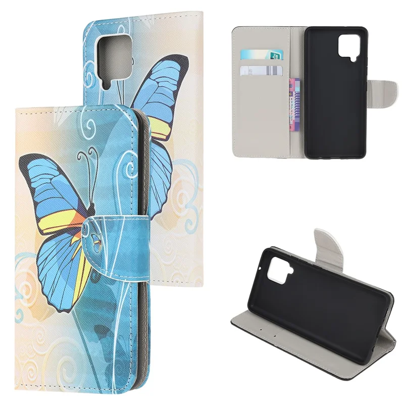 Wallet Design Pattern Printing Cross Texture Leather Stand Case for Samsung Galaxy A22 4G (EU Version) - Blue Butterfly