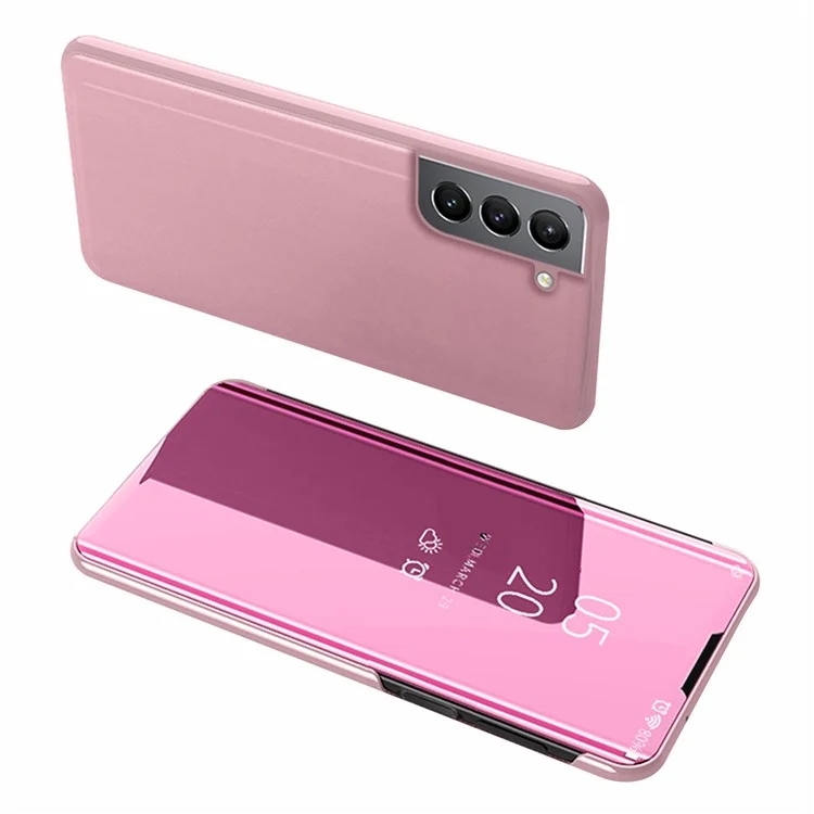 Folio Flip Mirror Surface Leather Plated Stand Case with View Window for Samsung Galaxy S21 FE - Rose Gold