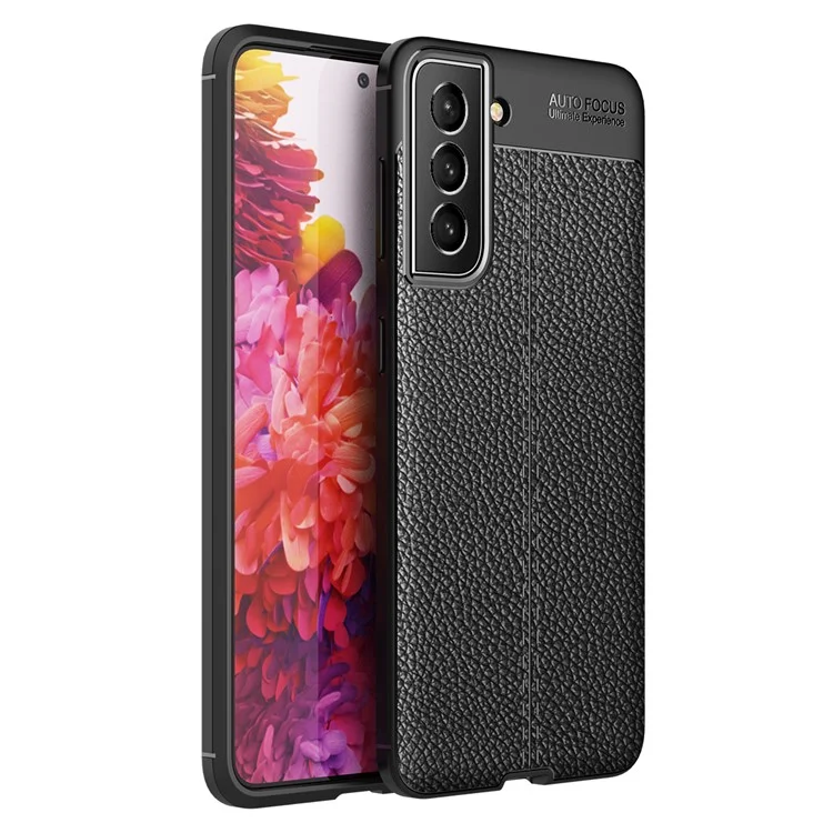 Flexible TPU Litchi Texture Cell Phone Back Case Cover for Samsung Galaxy S21 FE - Black